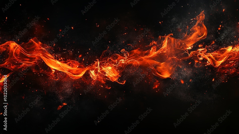 Fiery abstract flame against a dark backdrop. Graphic representation of blazing embers, night-time bonfire, and sizzling fire. Fiery abstract flame against a dark backdrop. Graphic representation of blazing embers, night-time bonfire, and sizzling fire.
