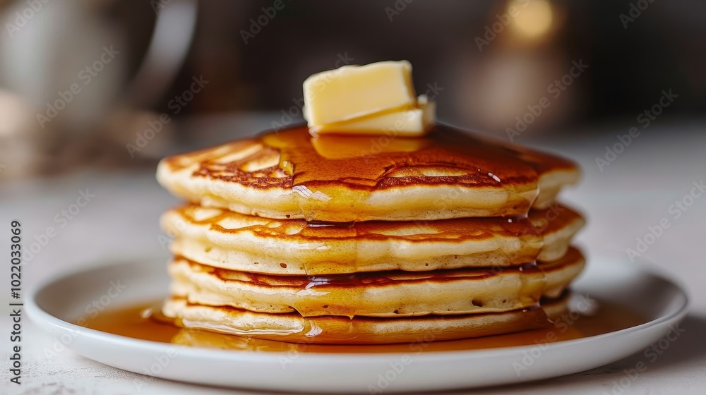 Fluffy American pancakes topped with golden syrup and melted butter, presented on a pristine white surface. Fluffy American pancakes topped with golden syrup and melted butter, presented on a pristine white surface.