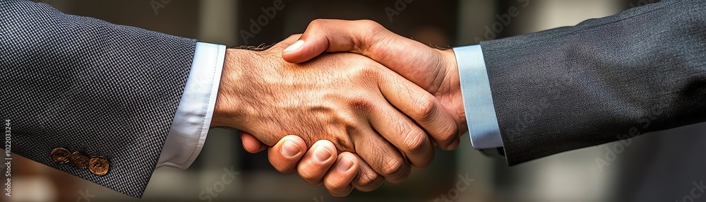 Fototapeta premium Close-up of two business professionals shaking hands, symbolizing a successful deal, partnership, or agreement in a corporate setting.