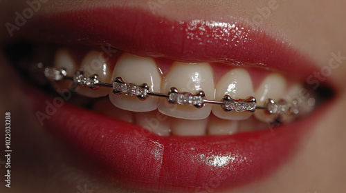 metal braces on teeth, close-up, smile, orthodontics, alignment, dental health, oral care, lips, bite correction, mouth, dentistry, dental clinic, tooth, enamel, dentist