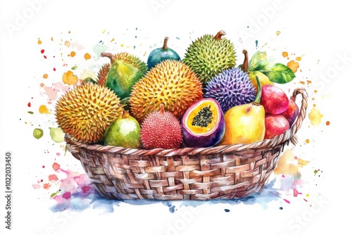 Colorful Exotic Fruit Basket With Durians Passion Fruit And Vibrant Tropical Varieties photo