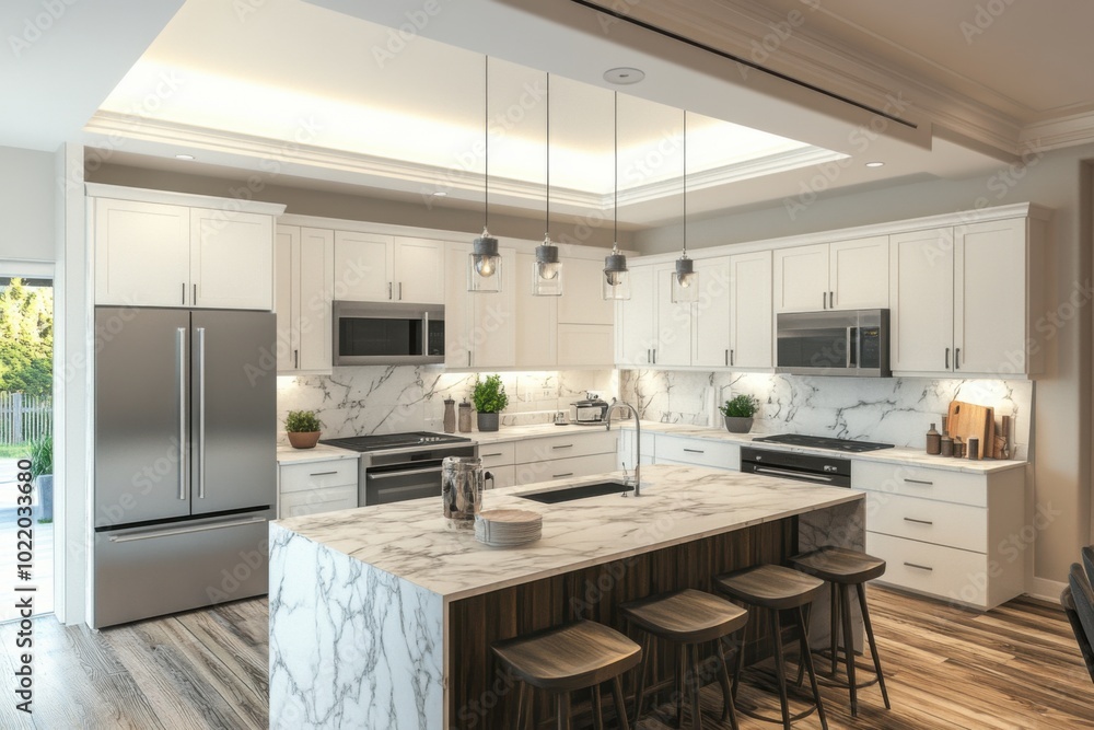 Modern White Kitchen With Marble Countertops And Island Lighting Design Modern White Kitchen With Marble Countertops And Island Lighting Design