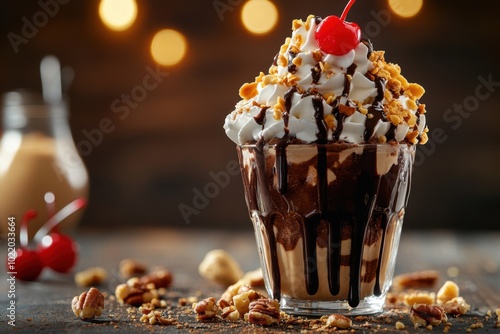 Delicious Chocolate Sundae Topped With Whipped Cream, Nuts, And Cherry photo