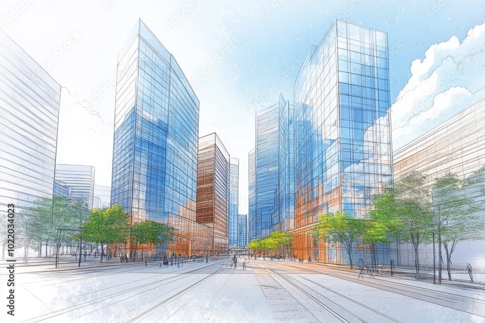 Architectural Sketch Of Modern City Street With Glass Skyscrapers And Trees Architectural Sketch Of Modern City Street With Glass Skyscrapers And Trees