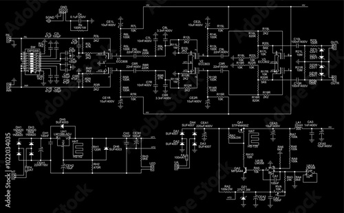 Schematic diagram of electronic device.
Vector technic computer drawing electrical circuit with 
capacitor, diode,
transistor, resistor, coil, operational amplifier
and other electronic components.