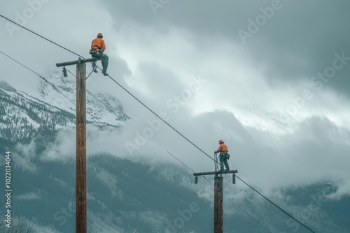 Electrical Workers Fixing Power Lines In Mountainous Landscape On Cloudy Day photo