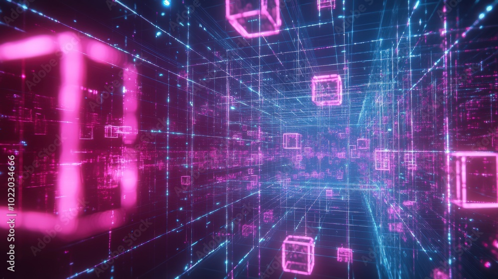 Abstract digital tunnel with glowing pink and blue lines and cubes. Abstract digital tunnel with glowing pink and blue lines and cubes.