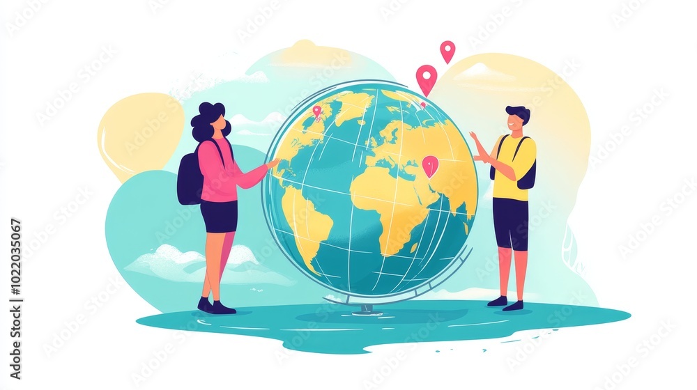 Global partnership concept. Man and woman near globe with GPS pins. Globalization, international trading and transportation. Collaboration and cooperation. Cartoon flat vector illustration. Global partnership concept. Man and woman near globe with GPS pins. Globalization, international trading and transportation. Collaboration and cooperation. Cartoon flat vector illustration.