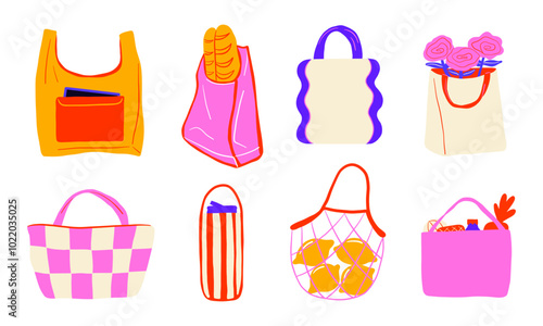 Eco Bag Illustration Collection. A vibrant collection of 8 eco-friendly bag illustrations, promoting sustainability and reusable shopping habits. Ideal for eco-conscious designs
