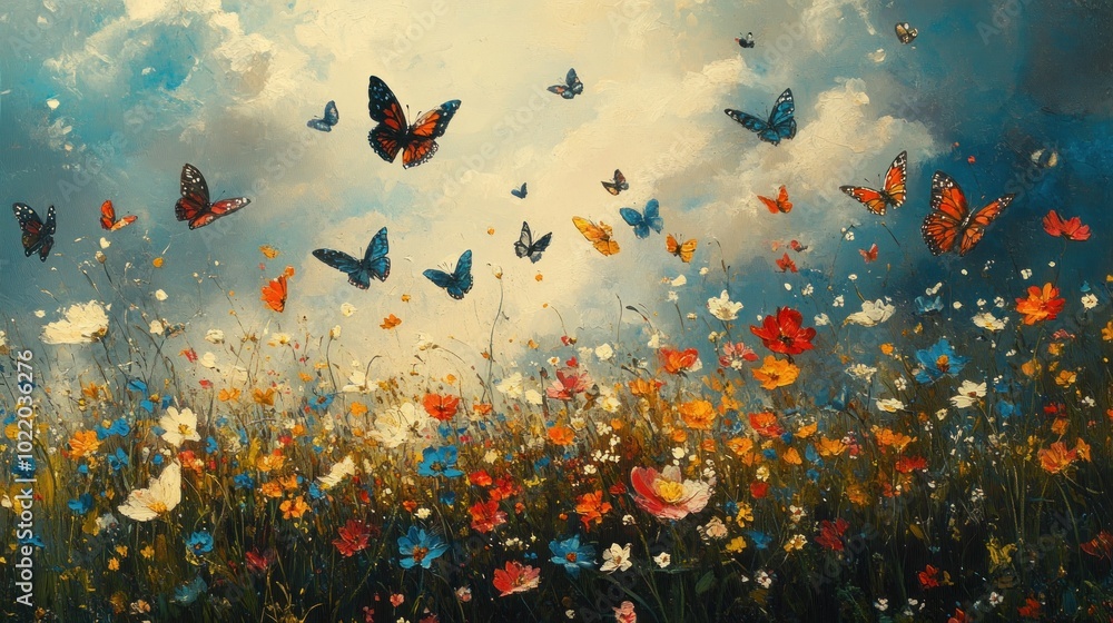 A vibrant field of wildflowers with a flock of colorful butterflies flying overhead against a blue sky with white clouds. A vibrant field of wildflowers with a flock of colorful butterflies flying overhead against a blue sky with white clouds.