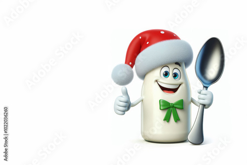 bottle of milk in winter hat, smiling gently, holding spoon in left hand, big expressive eyes. Bright high key image, great for winter and playful food concepts