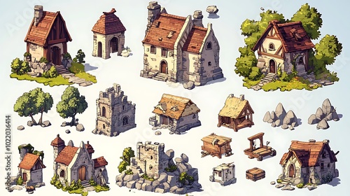Medieval Village Buildings for Game Development,  2D Isometric Assets Pack