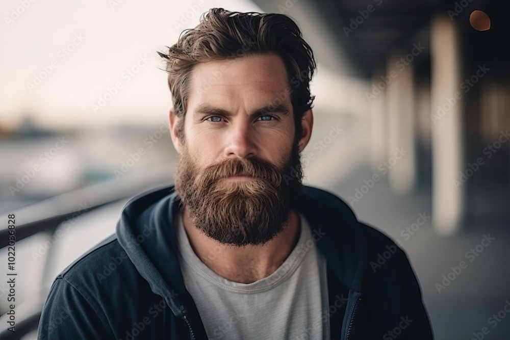 Portrait of handsome bearded man looking at camera while standing outdoors. Portrait of handsome bearded man looking at camera while standing outdoors.