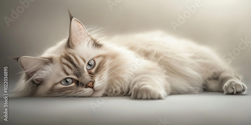 Wallpaper Mural Sad or playful elegant cat lying on a light background, exhibition ad. Cool realistic ad. Sad or playful elegant cat lying on a light background, exhibition ad. Domestic animal services promotion. Torontodigital.ca