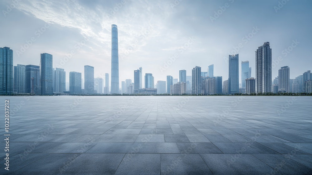 Guangzhou city skyline view from empty floor with road and modern buildings in background. Guangzhou city skyline view from empty floor with road and modern buildings in background.