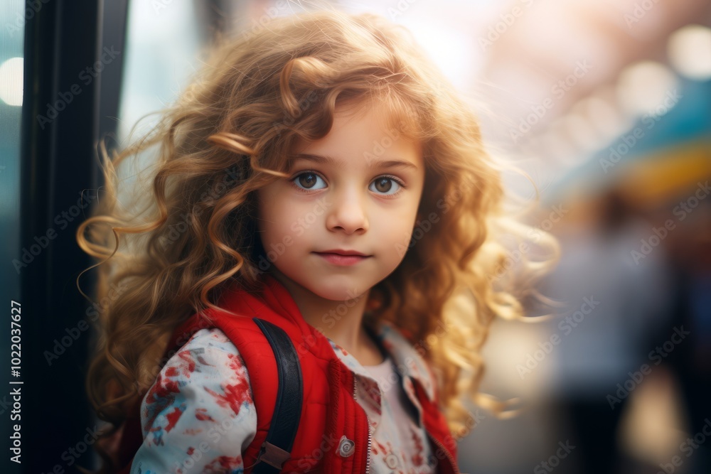 Portrait of a cute little girl with long curly hair in a red jacket with a backpack. Portrait of a cute little girl with long curly hair in a red jacket with a backpack.