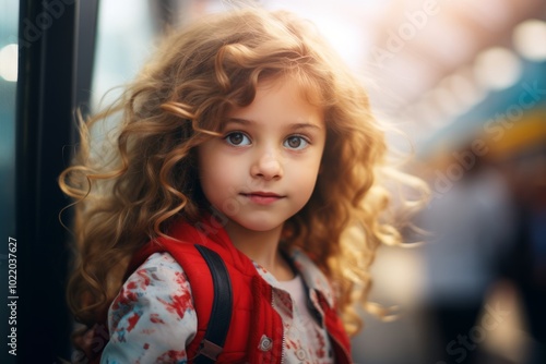 Portrait of a cute little girl with long curly hair in a red jacket with a backpack.