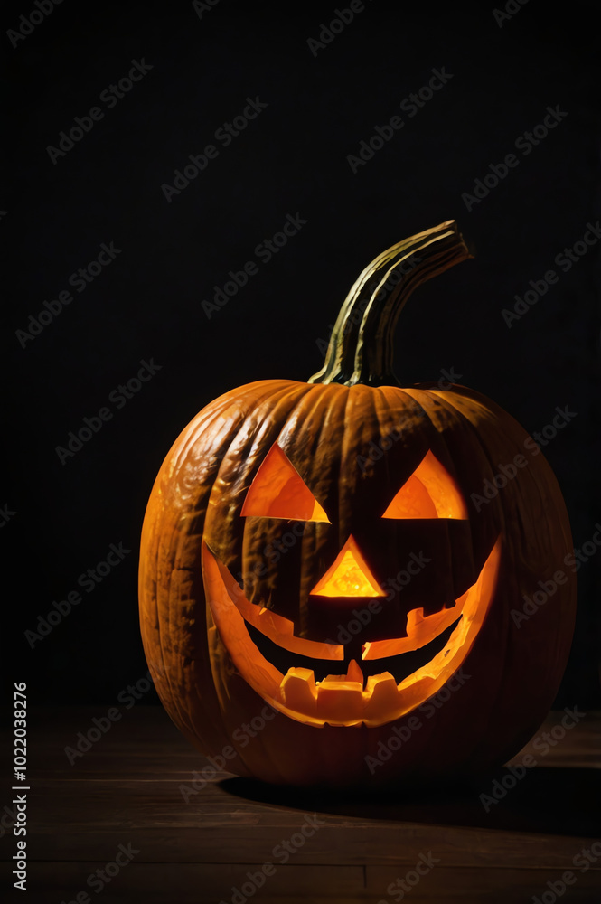 Jack-o'-lantern, a carved Halloween pumpkin glowing against a black background, embodying the spirit of the spooky season Jack-o'-lantern, a carved Halloween pumpkin glowing against a black background, embodying the spirit of the spooky season