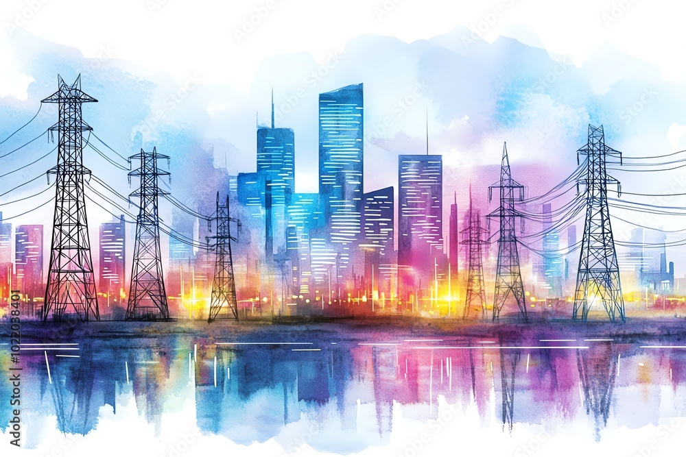 Vibrant watercolor cityscape with power lines and skyscrapers, reflecting in water, symbolizing urban energy and modern infrastructure. Vibrant watercolor cityscape with power lines and skyscrapers, reflecting in water, symbolizing urban energy and modern infrastructure.