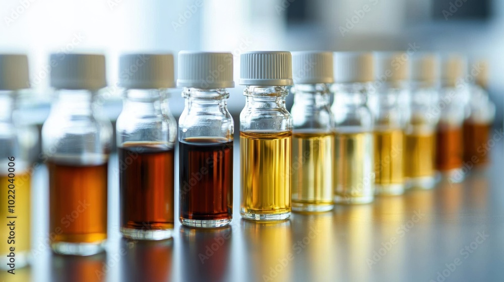 Rows of Glass Bottles Filled with Amber Liquids for Industrial Production and Display Rows of Glass Bottles Filled with Amber Liquids for Industrial Production and Display