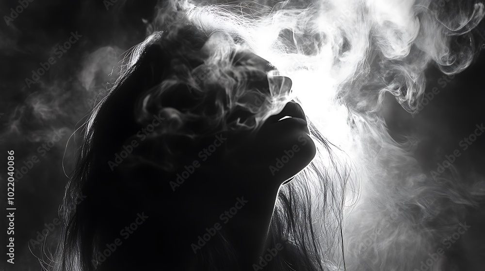 Silhouette of woman blowing smoke rings, dramatic lighting Silhouette of woman blowing smoke rings, dramatic lighting
