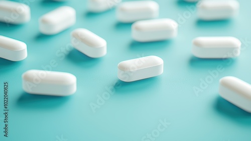 Assortment of White Pills and Capsules on Turquoise Background