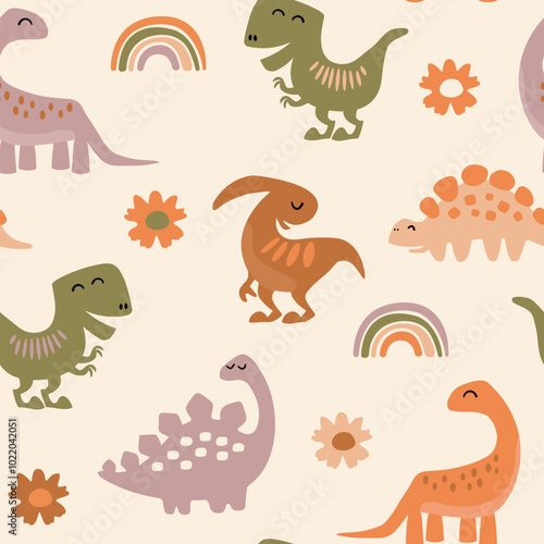 Adorable seamless pattern with dinosaurs and rainbows. Colorful background with cute dinosaurs for kids.