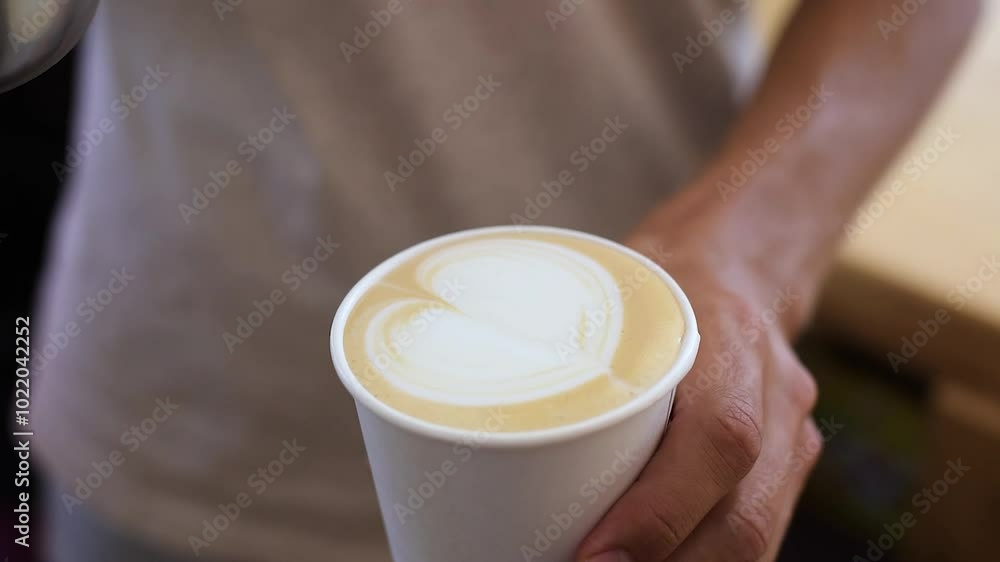 Barista Creates Heart Latte Art with Cream Barista Creates Heart Latte Art with Cream