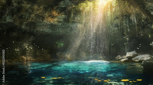 Sunlight streams through the opening of a cave, illuminating a pool of clear blue water.
