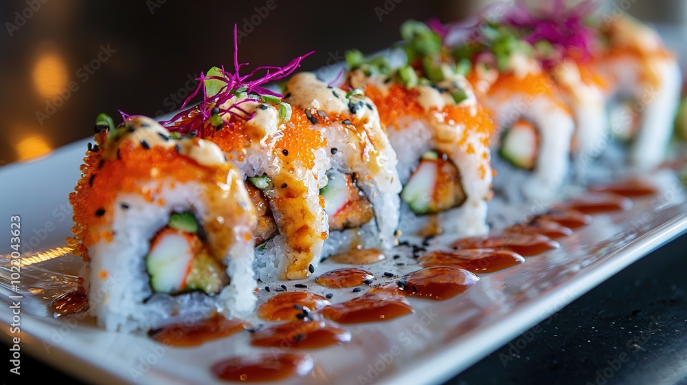 A beautifully presented sushi roll topped with orange fish roe, drizzled with sauce, and garnished with green herbs on a white plate. A beautifully presented sushi roll topped with orange fish roe, drizzled with sauce, and garnished with green herbs on a white plate.