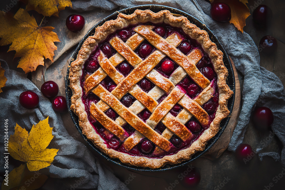 spiced cherry pie sits on rustic table surrounded by autumn leaves spiced cherry pie sits on rustic table surrounded by autumn leaves