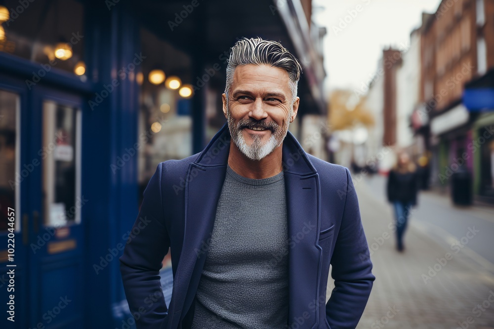 Portrait of a handsome mature man with gray beard wearing a blue jacket and looking at the camera in the city. Portrait of a handsome mature man with gray beard wearing a blue jacket and looking at the camera in the city.
