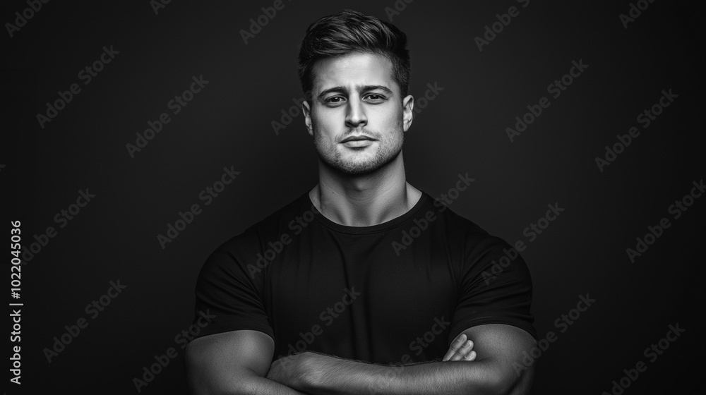 Serious young man with muscular build and arms crossed posing in black and white portrait, copy spcae Serious young man with muscular build and arms crossed posing in black and white portrait, copy spcae