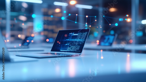 In a futuristic office setting, a network of interconnected laptops and devices on a long white table display real-time data graphs and analytics. The space is equipped with sleek,
