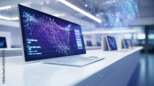 In a futuristic office setting, a network of interconnected laptops and devices on a long white table display real-time data graphs and analytics. The space is equipped with sleek,