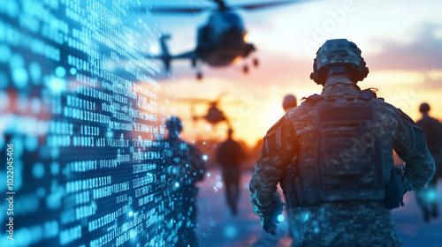 A military scene overlaid with holographic binary code and digital connections represents the future of warfare powered by data and real-time communication. Soldiers march into a b