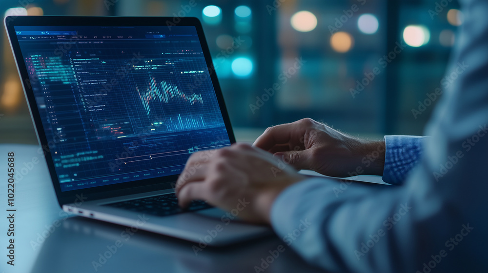 A businessman works on a laptop, planning advertising strategies to promote products and services across online platforms. The laptop screen displays ads and analytical data showin A businessman works on a laptop, planning advertising strategies to promote products and services across online platforms. The laptop screen displays ads and analytical data showin