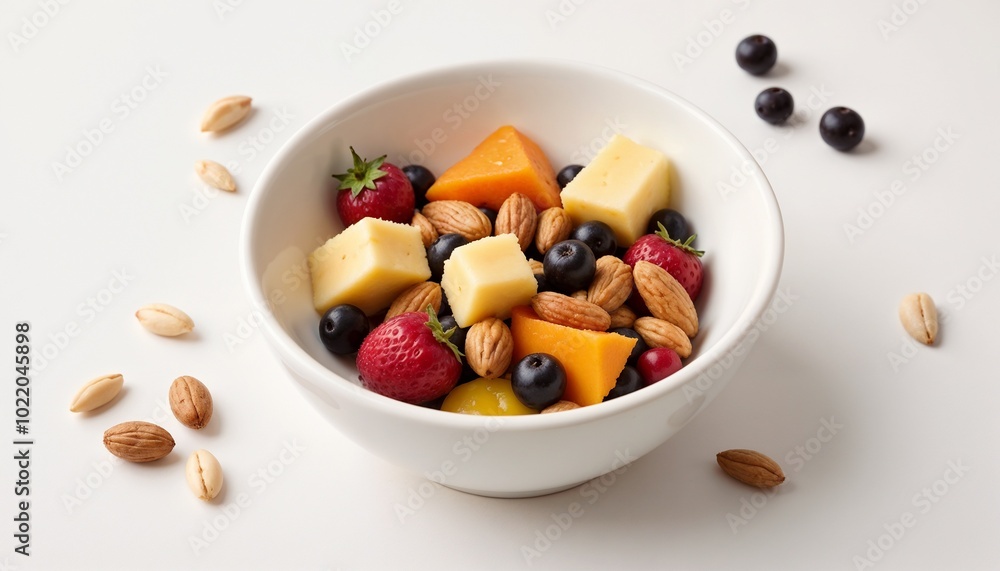 Bowl of fresh fruit salad with strawberries, blueberries, melon, cheese cubes, and almonds Bowl of fresh fruit salad with strawberries, blueberries, melon, cheese cubes, and almonds