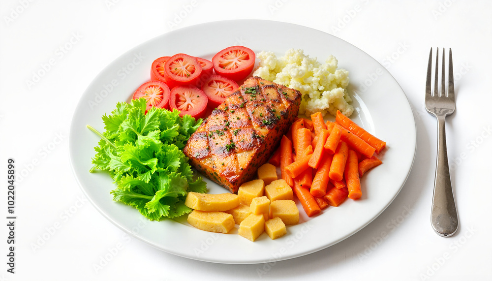 Plate of lean protein meal with grilled vegetables, and fresh salad, on white background Plate of lean protein meal with grilled vegetables, and fresh salad, on white background