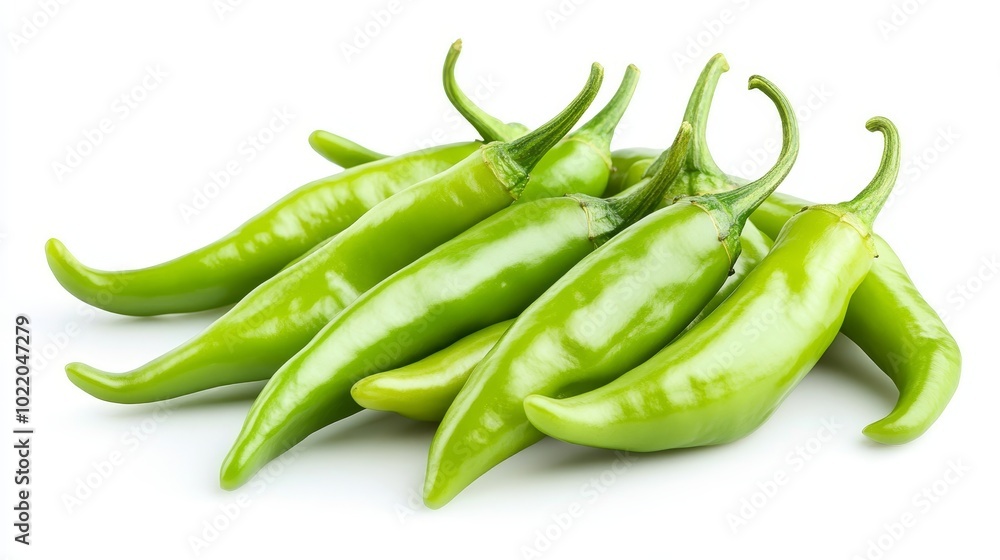 Isolated green chili peppers displayed on a white background, showcasing their vibrant hue. Isolated green chili peppers displayed on a white background, showcasing their vibrant hue.