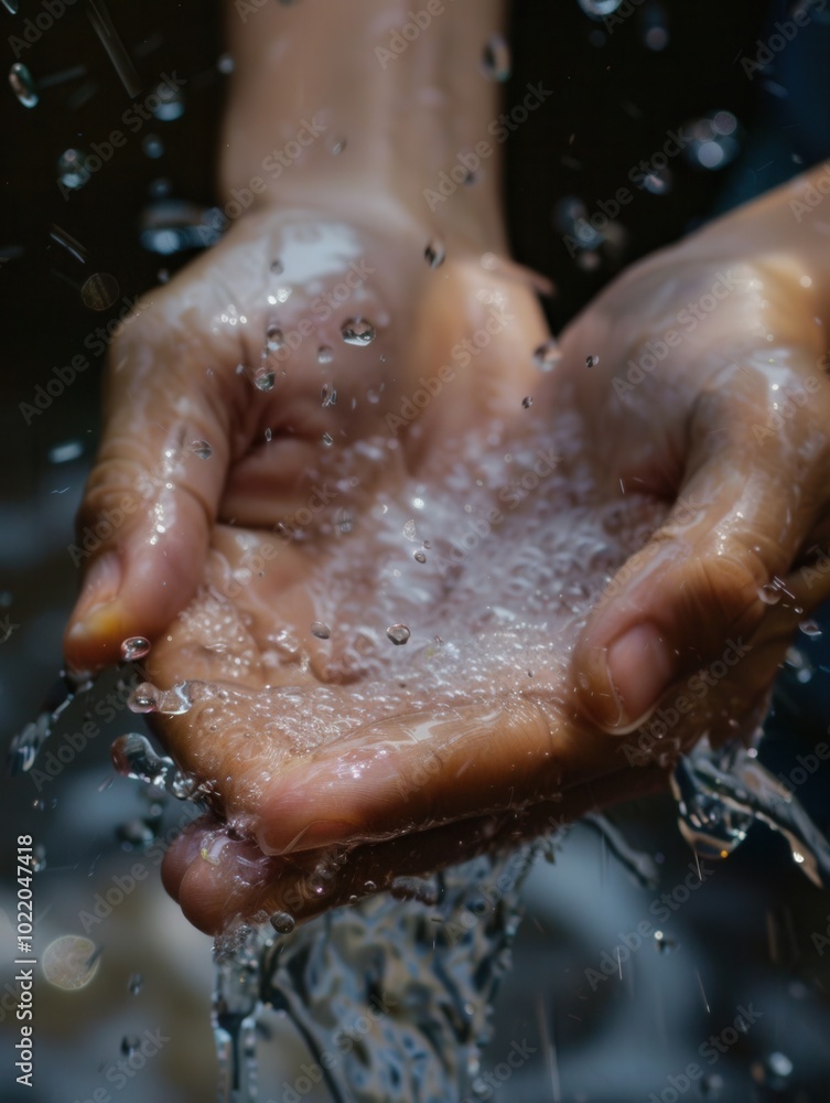 Fototapeta premium Water flows over hands as they are washed, emphasizing cleanliness and the importance of good hygiene practices in everyday life. Generative AI