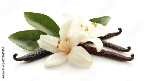 Isolated vanilla flower and pods with leaves on a white background. photo