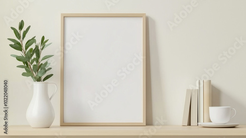 A clean, modern mockup featuring a picture frame with a blank canvas standing on a light wooden shelf. Surrounding the frame is a white ceramic vase with green olive branches, a st