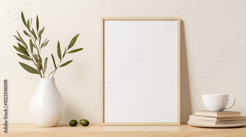 A clean, modern mockup featuring a picture frame with a blank canvas standing on a light wooden shelf. Surrounding the frame is a white ceramic vase with green olive branches, a st