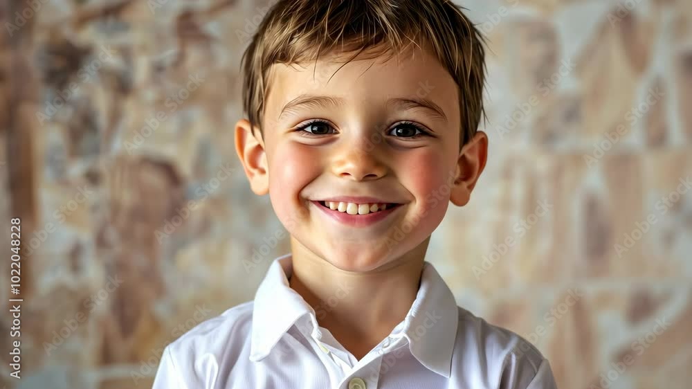 A young boy with brown hair smiles brightly at the camera A young boy with brown hair smiles brightly at the camera