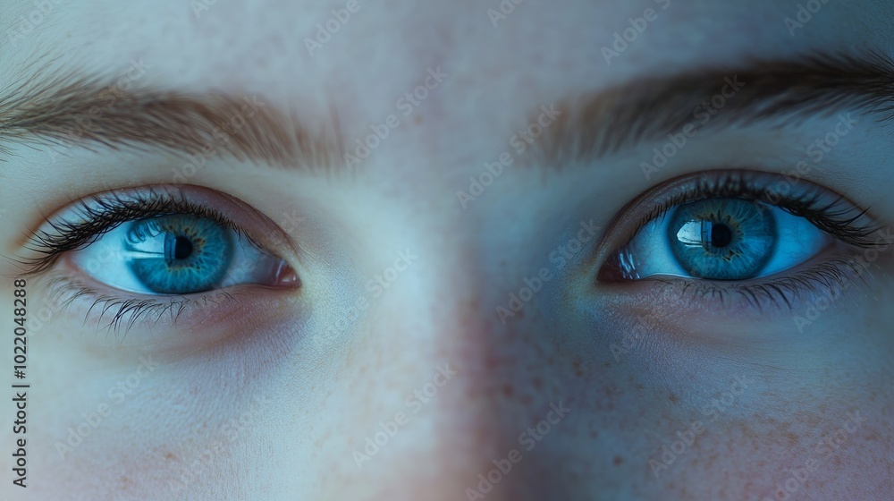 Extreme close-up macro of a face. The eyes of a lovely, mature woman facing the camera. The teen girl's blue eyes. A happy Caucasian woman opened her eyes wide. Laser alignment. Extreme close-up macro of a face. The eyes of a lovely, mature woman facing the camera. The teen girl's blue eyes. A happy Caucasian woman opened her eyes wide. Laser alignment.