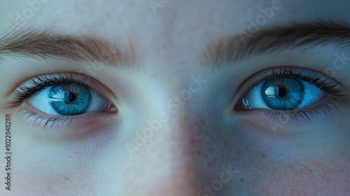 Extreme close-up macro of a face. The eyes of a lovely, mature woman facing the camera. The teen girl's blue eyes. A happy Caucasian woman opened her eyes wide. Laser alignment. 