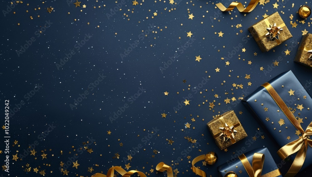 Luxurious gift boxes adorned with elegant gold ribbons on a dark background, embellished with sparkling stars, adding glamour and appeal to celebratory occasions and making them extra special Luxurious gift boxes adorned with elegant gold ribbons on a dark background, embellished with sparkling stars, adding glamour and appeal to celebratory occasions and making them extra special