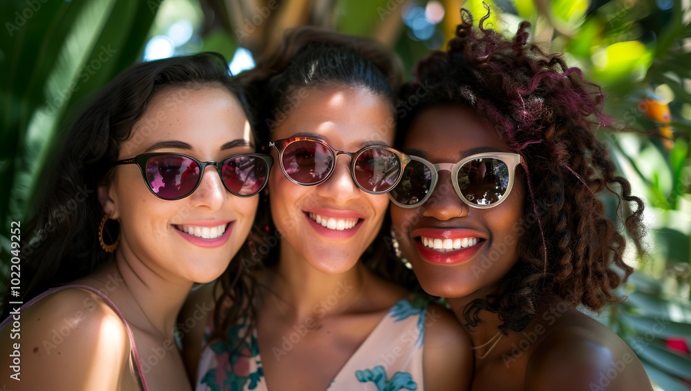 three women wearing sunglasses are smiling three women wearing sunglasses are smiling