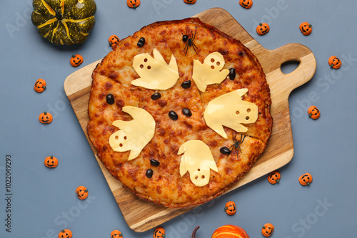 Halloween pizza with ghost-...